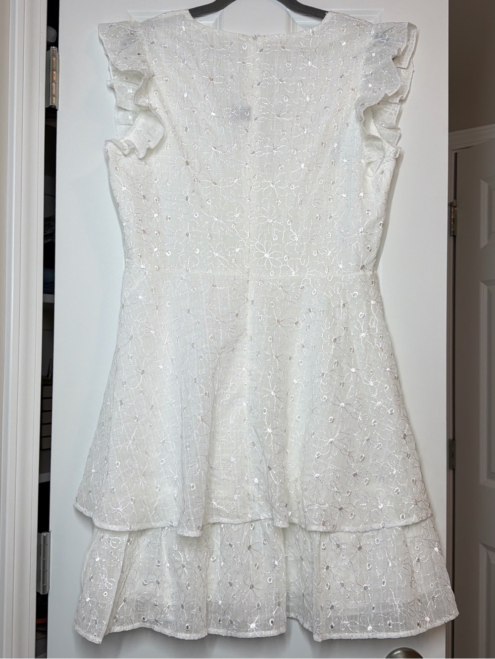 Loness White Eyelet V-Neck Tiered Mini Dress with Ruffle Shoulders - Picture 2 of 3